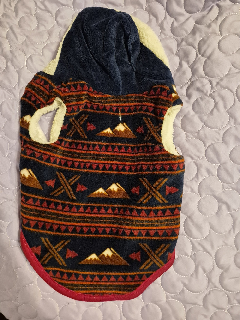 Cozy Hooded Fleece Dog Vest in Navy with Red & Gold Pattern